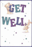 Warmth and optimism shine through the cheerful design of this get well card, where a teddy bear and a fluffy-eared pup take center stage, their comforting presence brought to life as they gently balance the large, colourful letters of 'Get Well.' The rich indigos and teals of the text pop vividly against a creamy, light-filled background, much like the vibrant displays found at local North Harrow flower shops. Star-shaped motifs in shades of blue and purple twinkle playfully across the scene, contributing a sense of hope reminiscent of twilight skies above Alexandra Avenue. The bear's plush fur and the dog's soft, inviting ears are delicately illustrated, almost allowing one to feel their comforting hug. The arrangement as a whole carries a purity and freshness, akin to a handpicked bouquet sent to bring light into a loved one's space. This card is imbued with emotional kindness-a gentle remedy ideal for sending sincere comfort and encouragement, paired perfectly with a fresh delivery from a North Harrow florist for anyone recovering or in need of a little extra care.